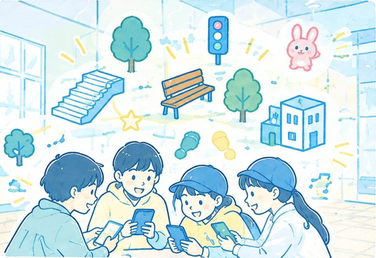 スマホやタブレットを持った子どもたちのまわりに、木・ベンチ・信号・階段・建物・足あとなどのアイコンが浮かんでいるイラスト