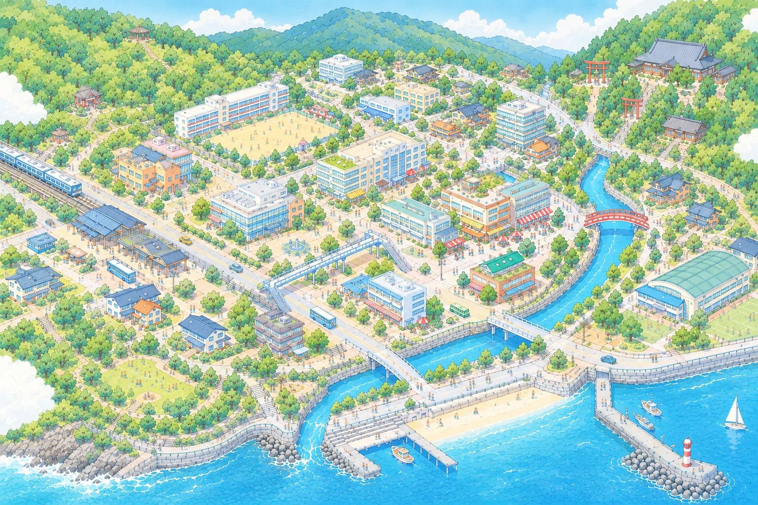 山と川と海にかこまれた、宇治をイメージしたまちのイラスト。9つのアイデアが置かれている